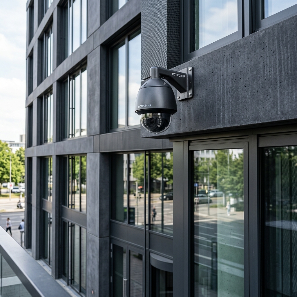 Commercial dome camera installed on a modern business exterior