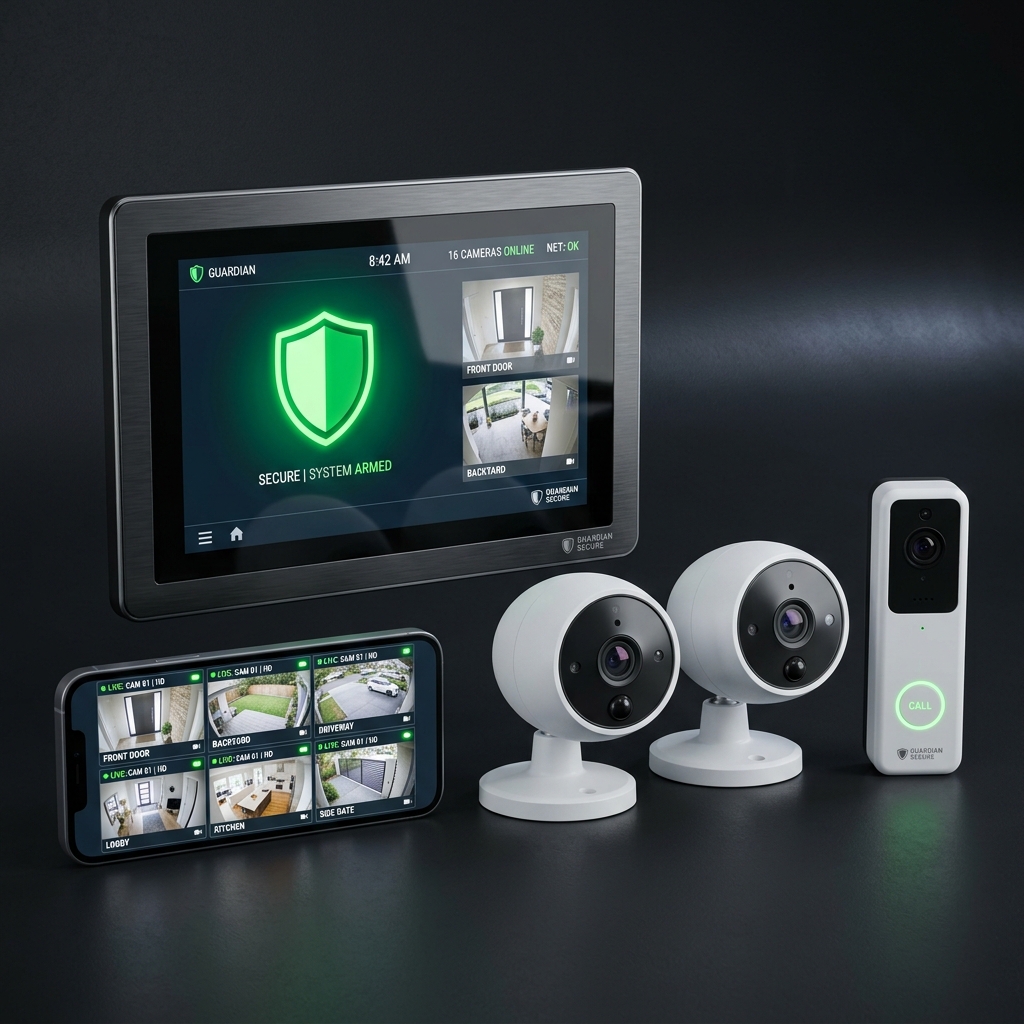 AI Generated image: A professional showcase of smart security products including a wall-mounted touchscreen controller panel, two dome security cameras, and a video doorbell.