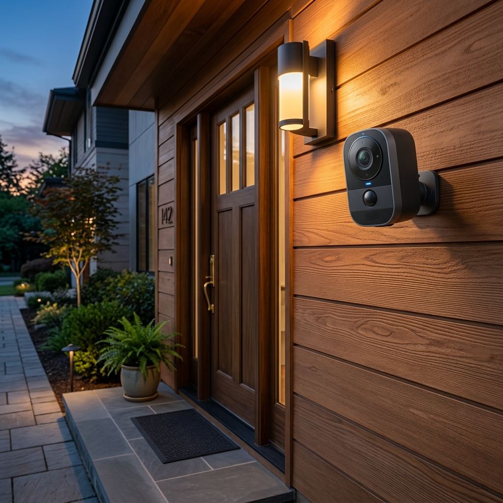AI Generated image: A sleek smart home bullet security camera neatly mounted on warm horizontal wood siding near a glowing entryway porch light.
