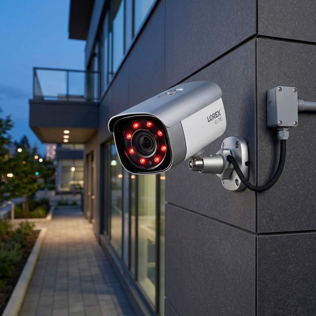 High-definition outdoor security camera with active deterrence lighting